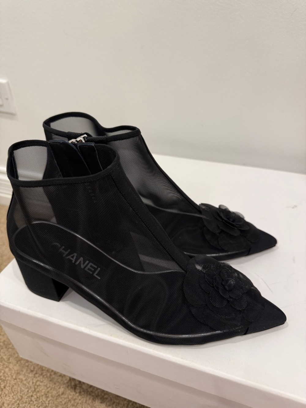 Chanel Camellia Mesh Ankle Boots 37.5 | Sheer Black Iconic CC Heels Runway NWT - Picture 4 of 13